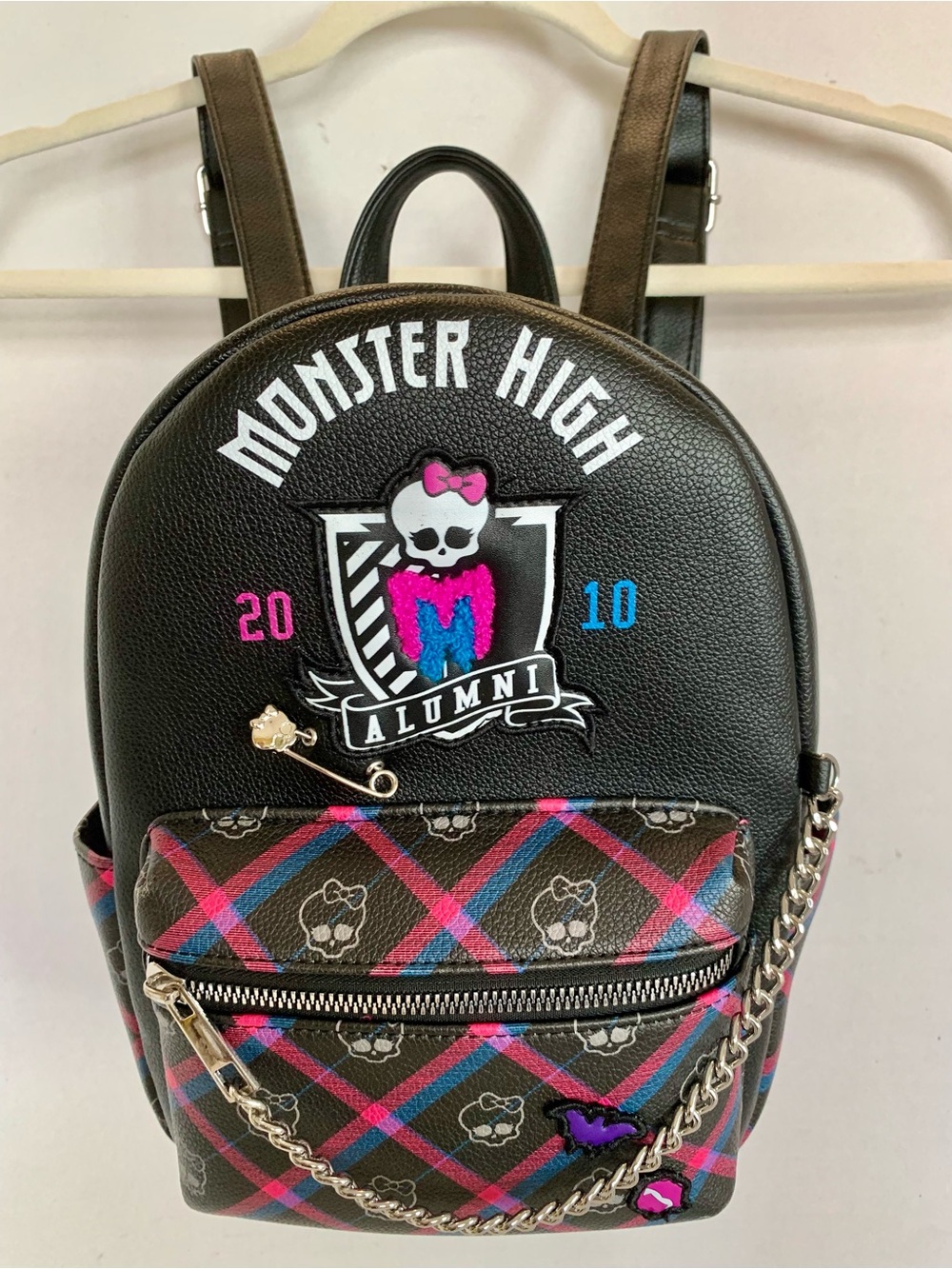 Monster High Alumni Black Mini Backpack with Pink & Blue Plaid. Hard to find.